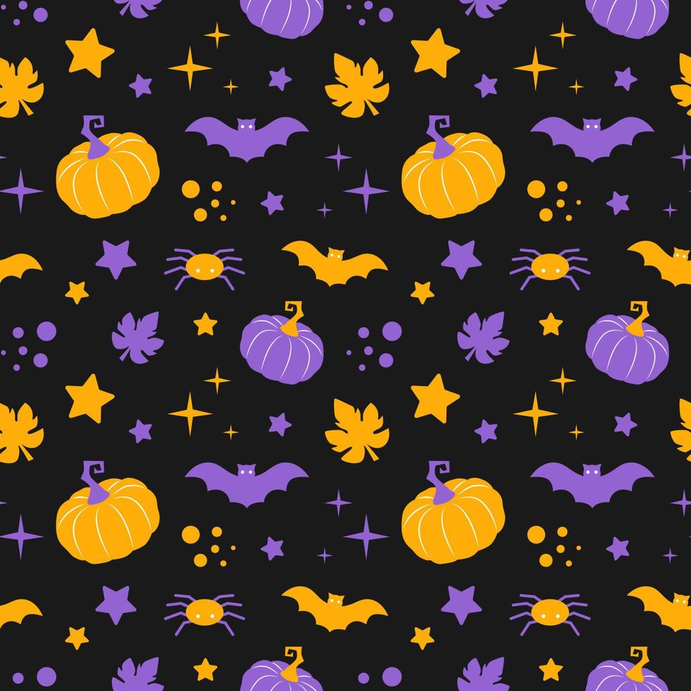 Halloween seamless pattern. Vector illustration of Holiday ornament with pumpkins, bat, spiders on dark background.