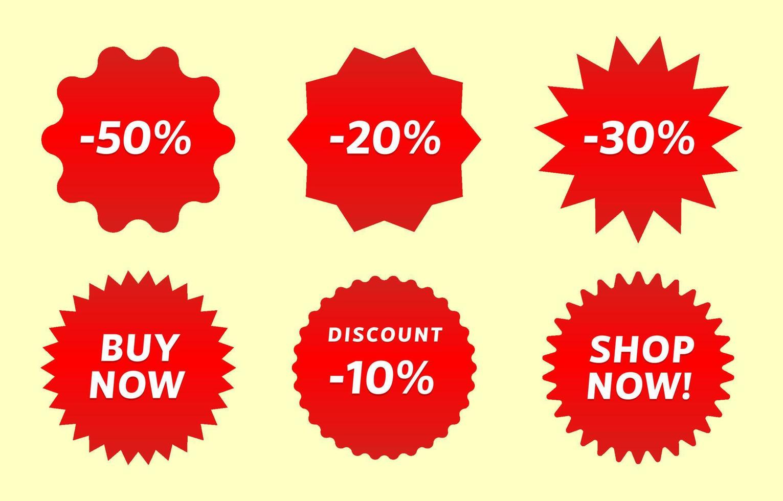 Red shopping labels collection, discount labels, buy now and shop now vector