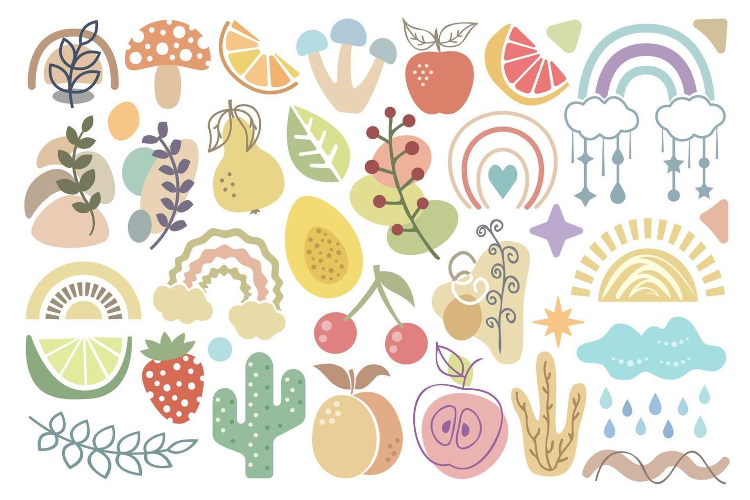 boho diseño elementos colocar. colección de abstracto, pastel de colores plantas, frutas, hongos, arcoiris, formas resumen bohemio plano diseños vector