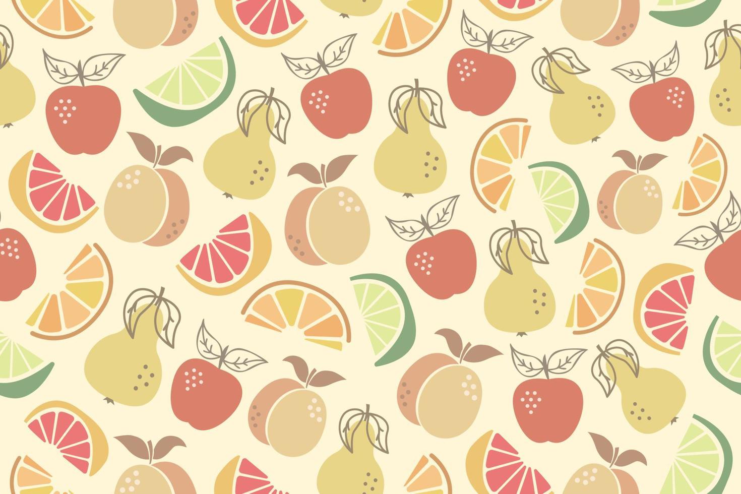 Seamless pattern with fruits. Abstract flat Boho pattern with lime, lemon, orange, apple, peach and pear. Seamless, repeating pattern design. vector