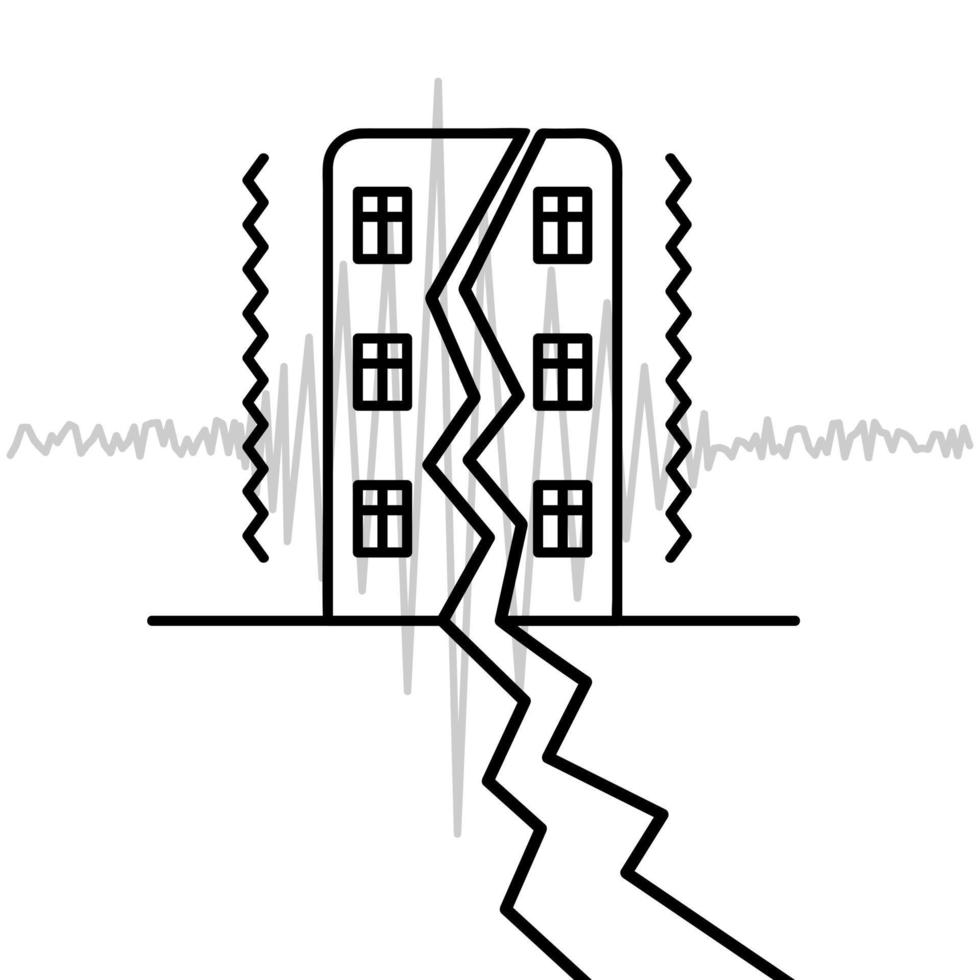 The building vibrates. Sketch. Seismograph data record the tremors of an earthquake. There was a crack in the wall of the house. The apartment building is split in half. Vector illustration.