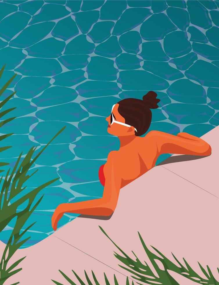 Vector illustration of a girl with glasses swims in the pool on vacation palm trees tourism