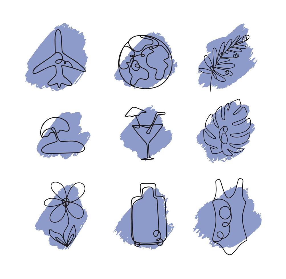 Wildflowers vector icon set continuous line drawing stable line editable cell line icon, logo, label on blue purple background