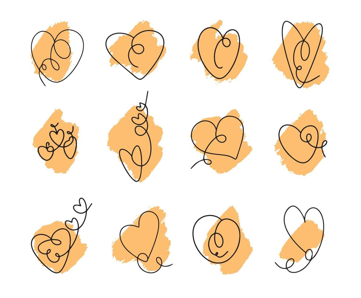 Heart icon vector set continuous line drawing stable line editable cell line icon, logo, label on yellow background