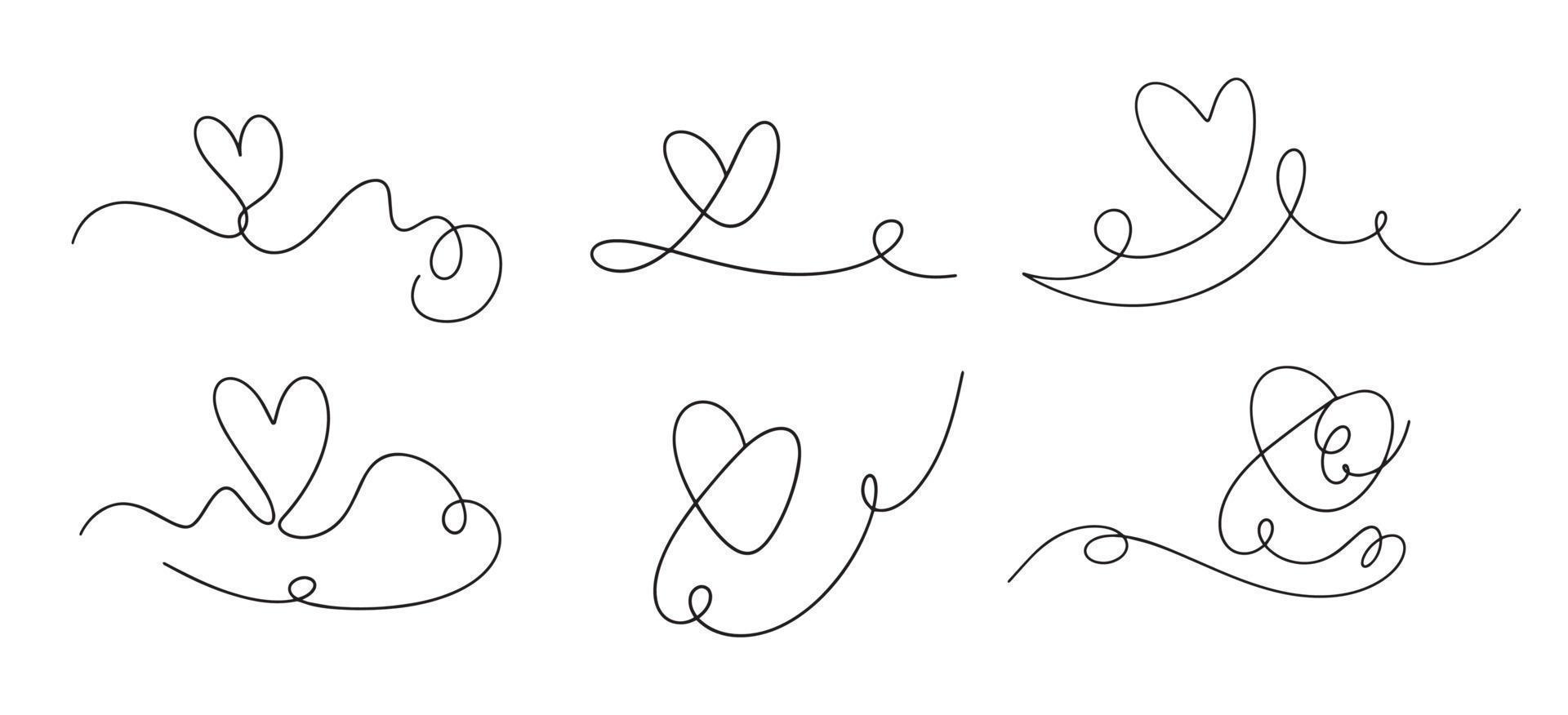 Vector hearts set in continuous line design style minimalist black line art sketch isolated on white background