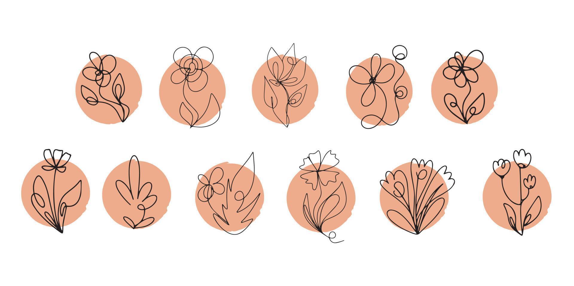 Wildflowers vector icon set continuous line drawing stable line editable cell line icon, logo, label on beige background