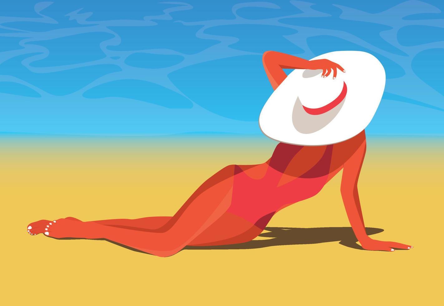 Vector illustration of a tourist girl in a hat and bikini sunbathes on the ocean beach on vacation