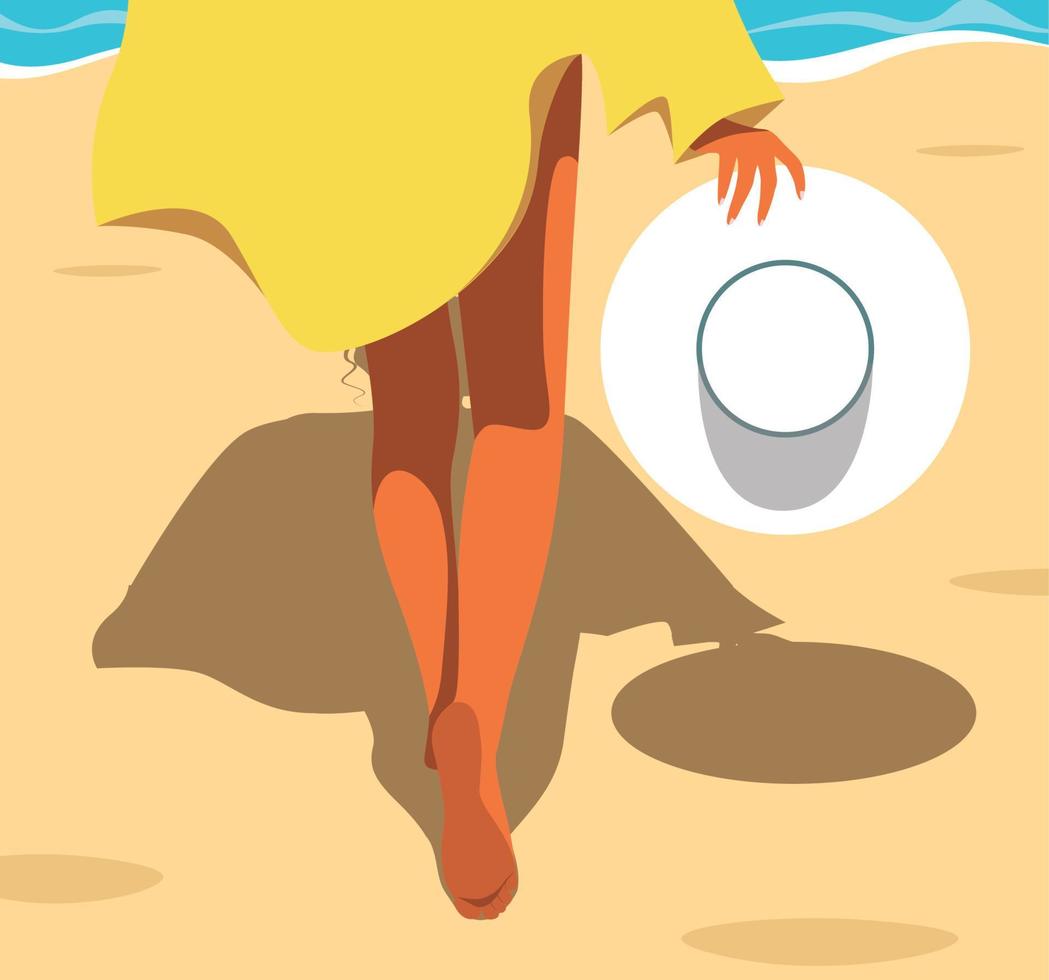 Vector illustration girl tourist on vacation goes along the beach on the sand hat in hand to the sea to swim