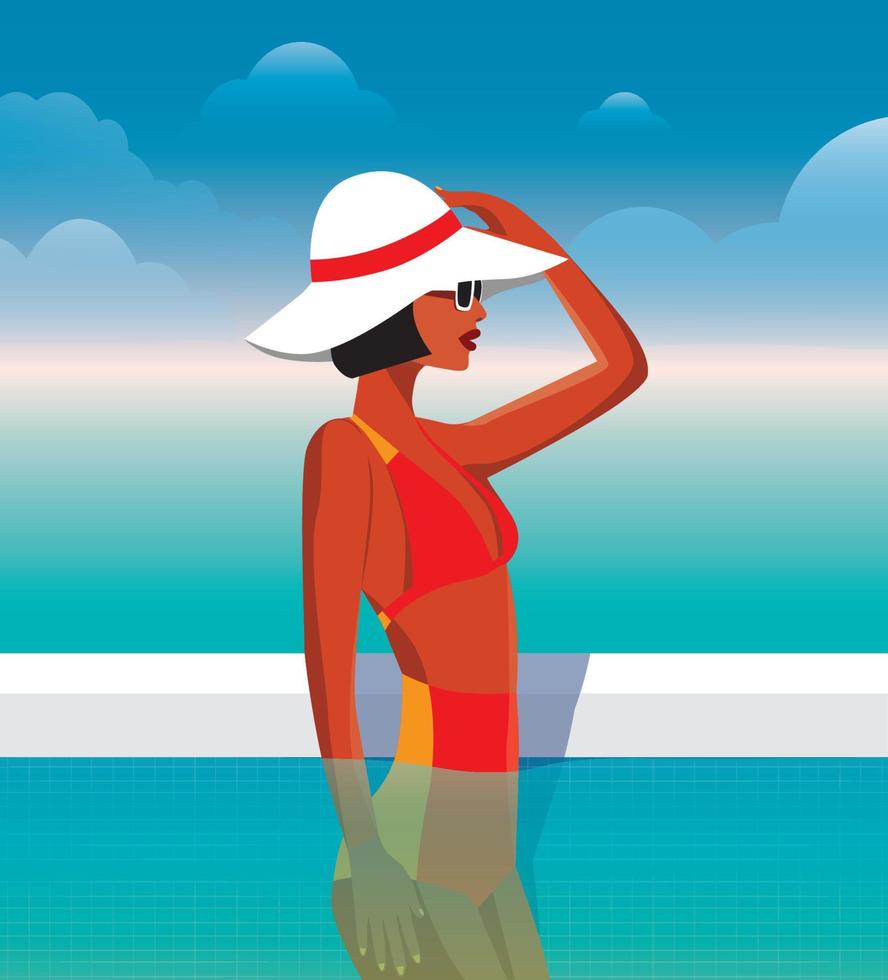 Vector illustration of a girl in a bikini hat swims in the pool in the ocean