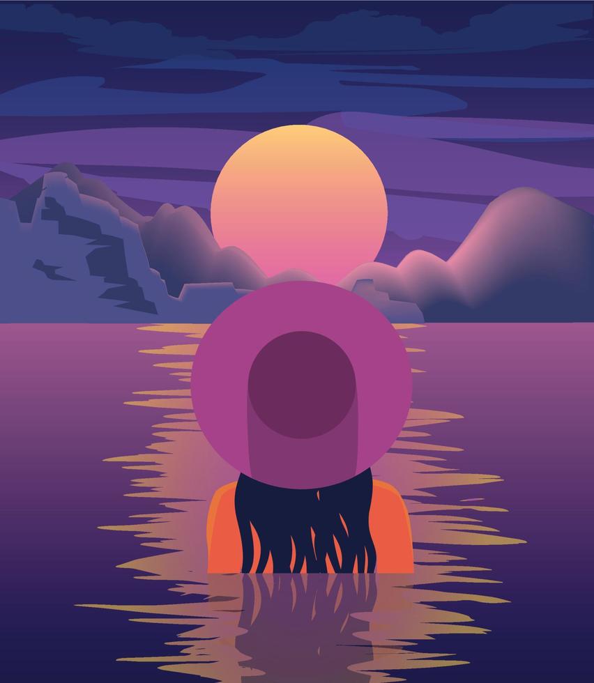 Vector illustration of a girl at sunset in a hat swims in the sea night landscape moon mountains