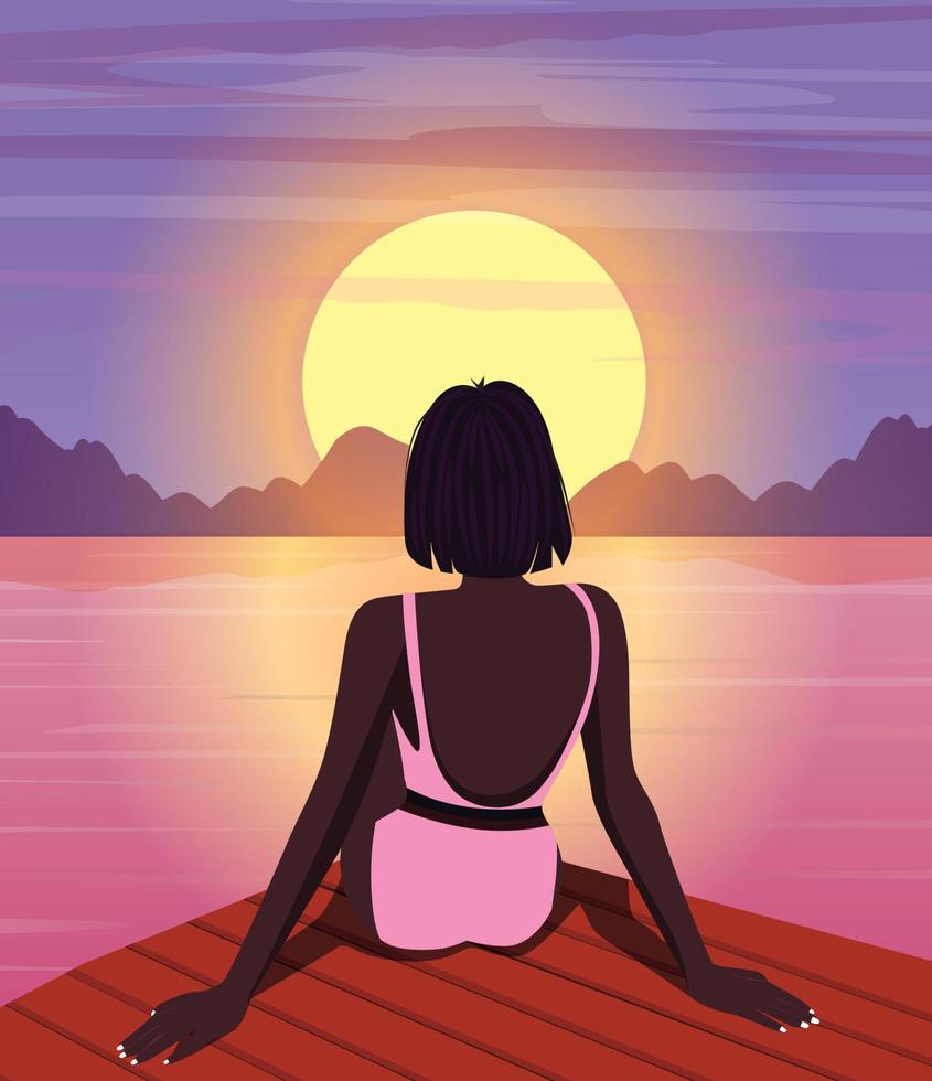 dador ilustración verano ilustración de un niña en vacaciones sentado con su espalda en un bikini en el costa puesta de sol noche noche en contra el fondo de el grande Luna y montañas vector