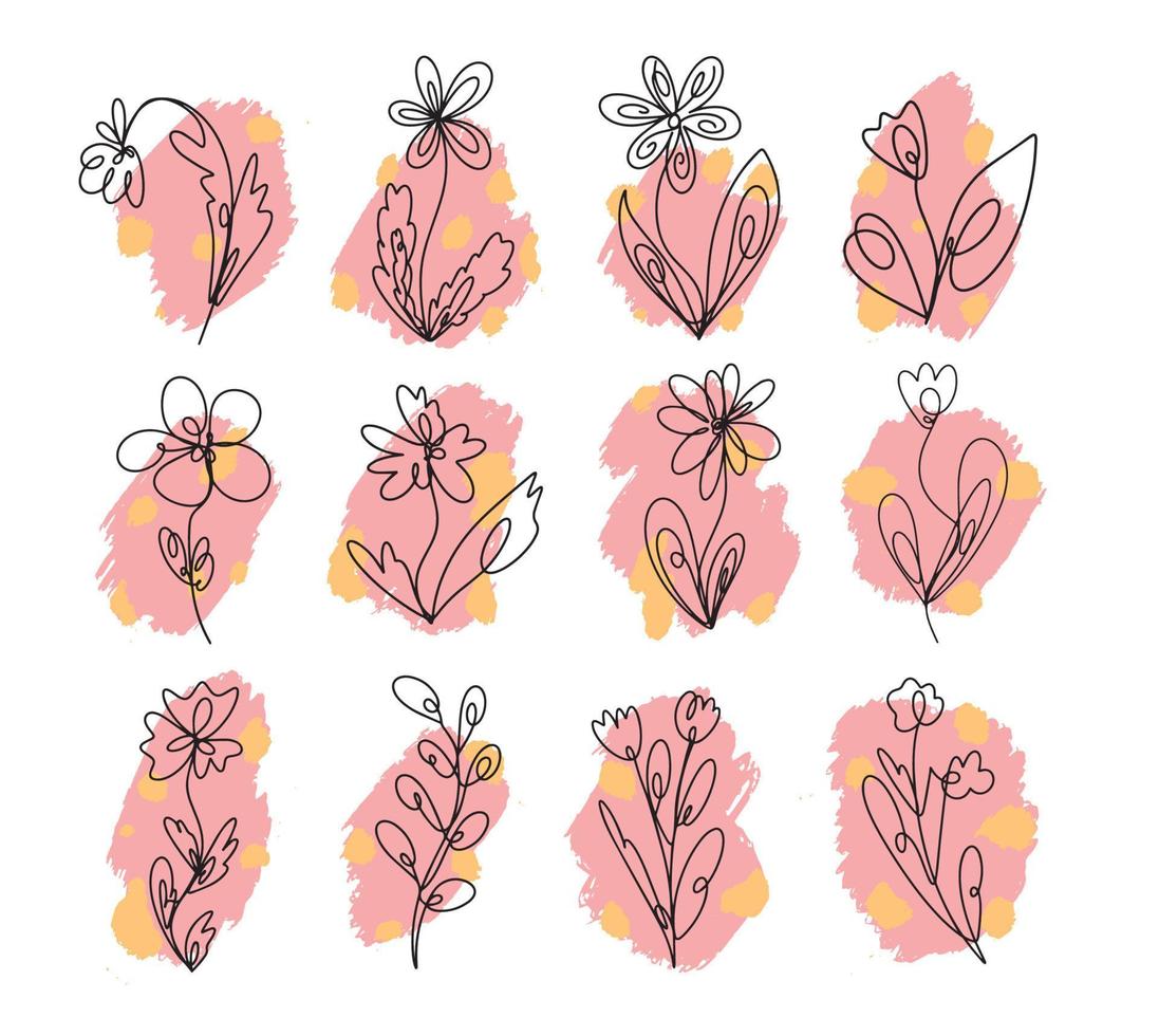 Wildflowers vector icon set continuous line drawing stable line editable cell line icon, logo, label on pink background