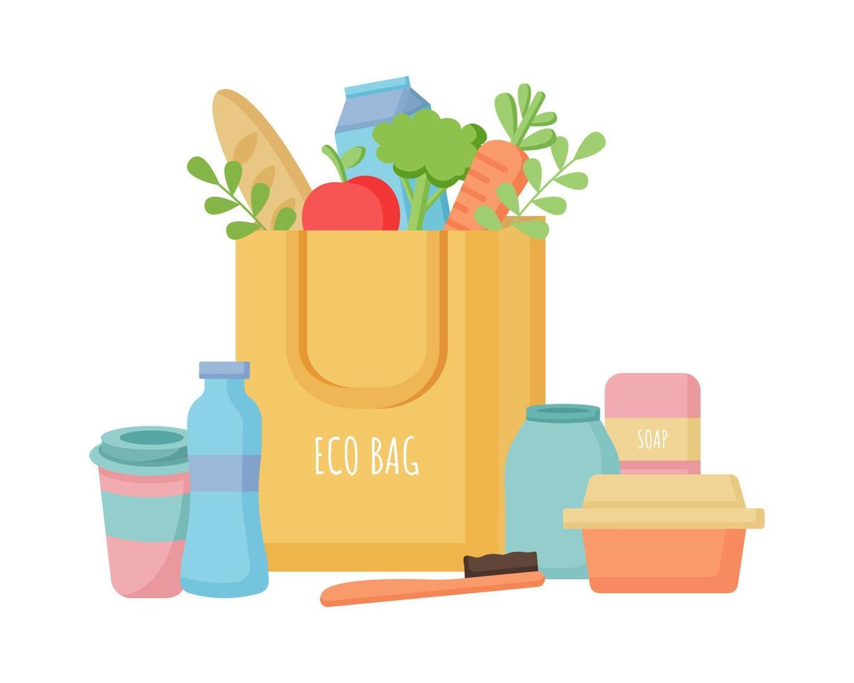 Eco bag with natural food and zero waste lifestyle elements vector