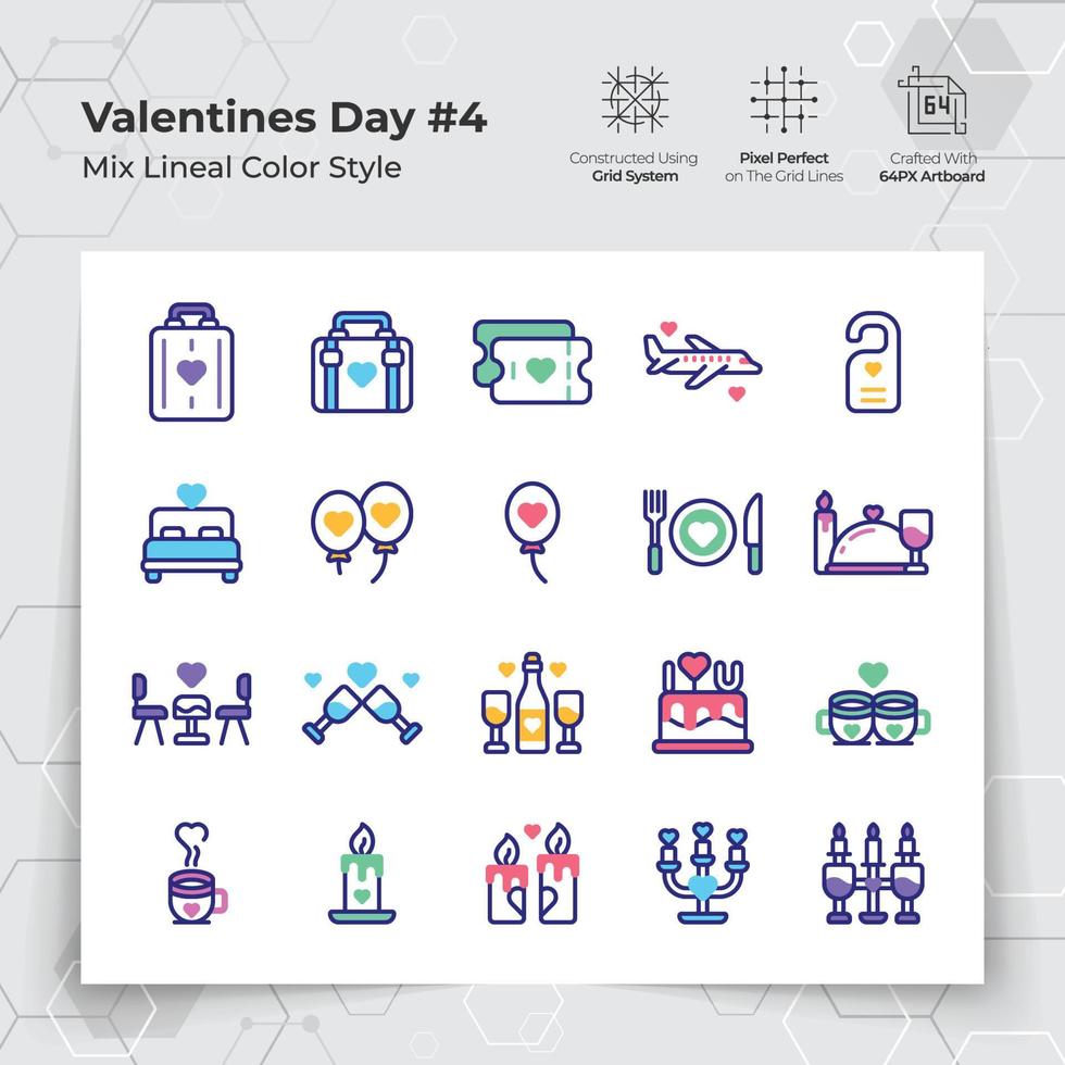 Valentine's day icons set in line color fill style with holiday travelling and dinner themed. A Collection of love and romance vector symbols for Valentine's Day celebration.