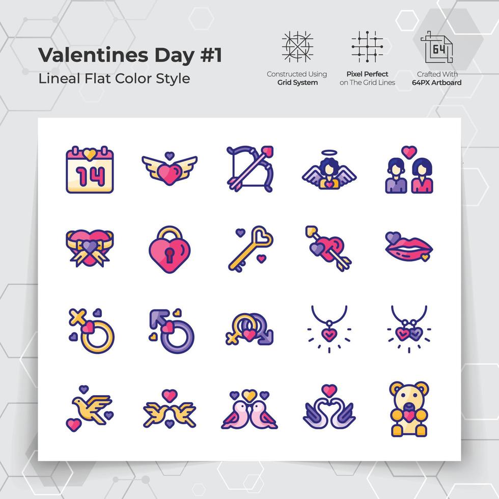 Valentine's day icon set in line flat color style with a love and heart theme. A Collection of love and romance vector symbols for Valentine's Day celebration.