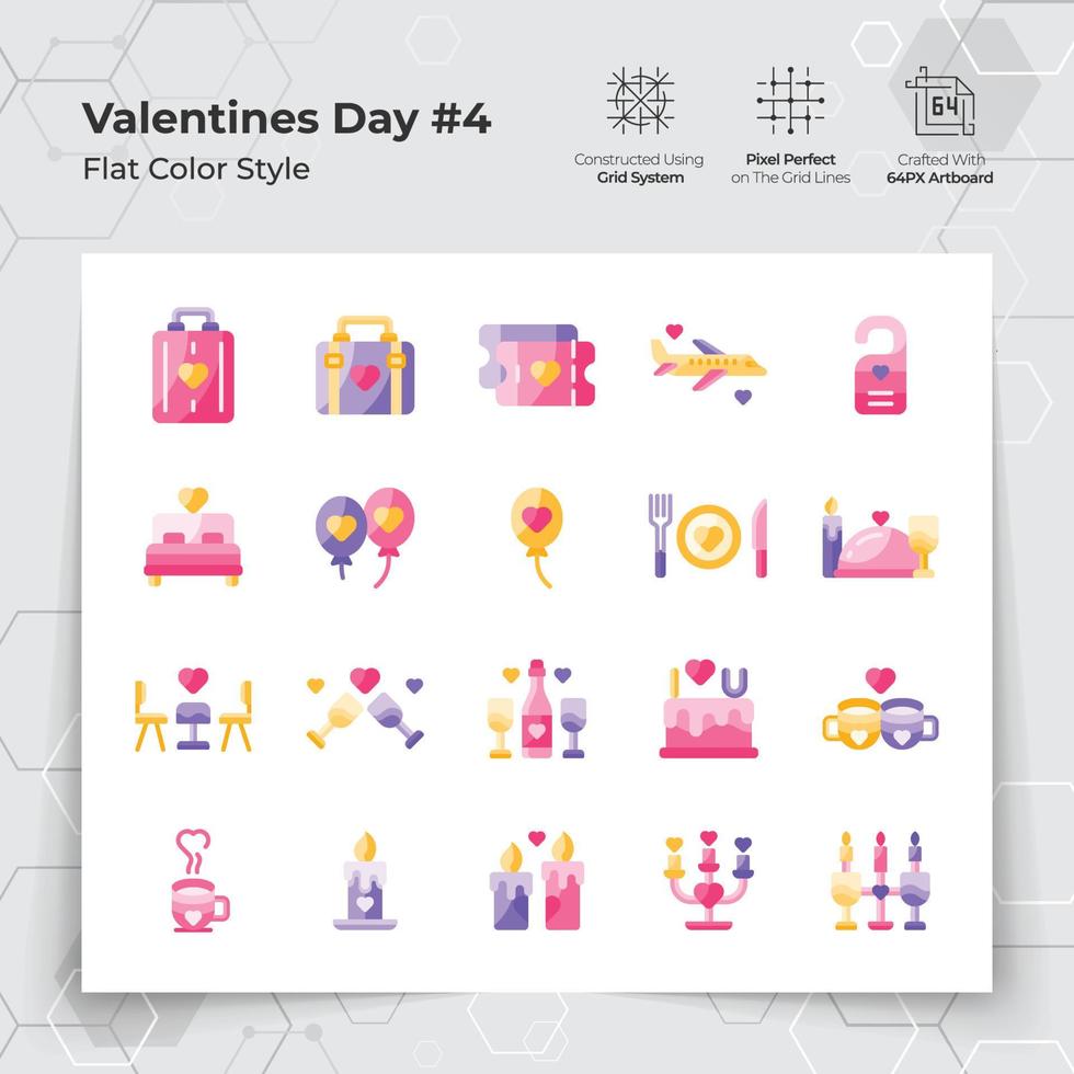 Valentine's day icons set in flat color style with holiday travelling and dinner themed. A Collection of love and romance vector symbols for Valentine's Day celebration.