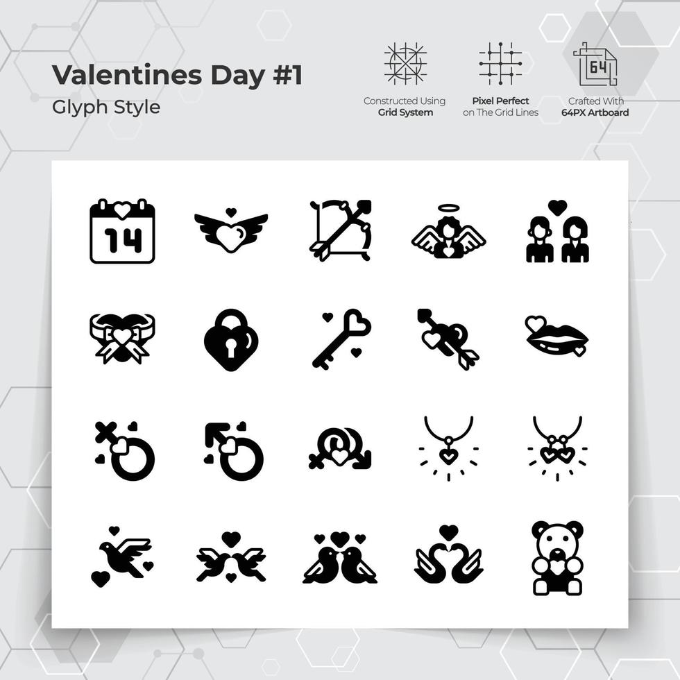 Valentine's day icon set in glyph black fill style with a love and heart theme. A Collection of love and romance vector symbols for Valentine's Day celebration.