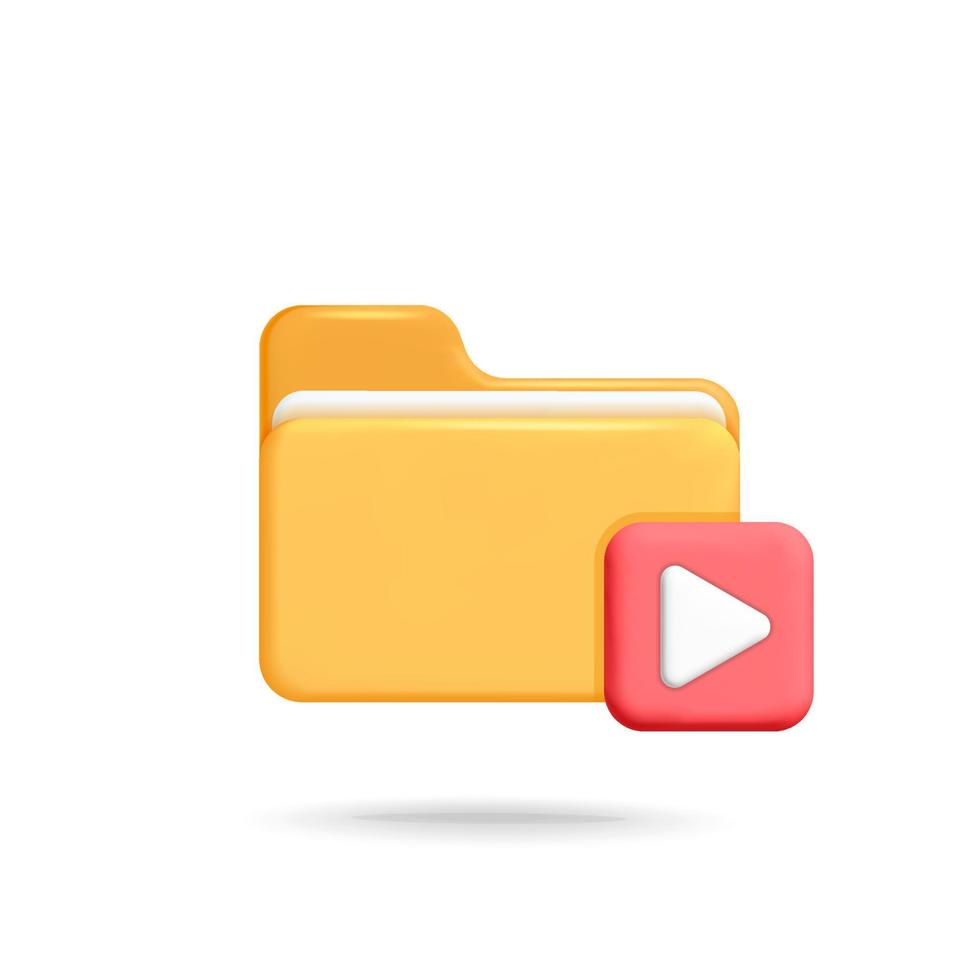 3d vector cartoon render file folder and square red play video button icon design