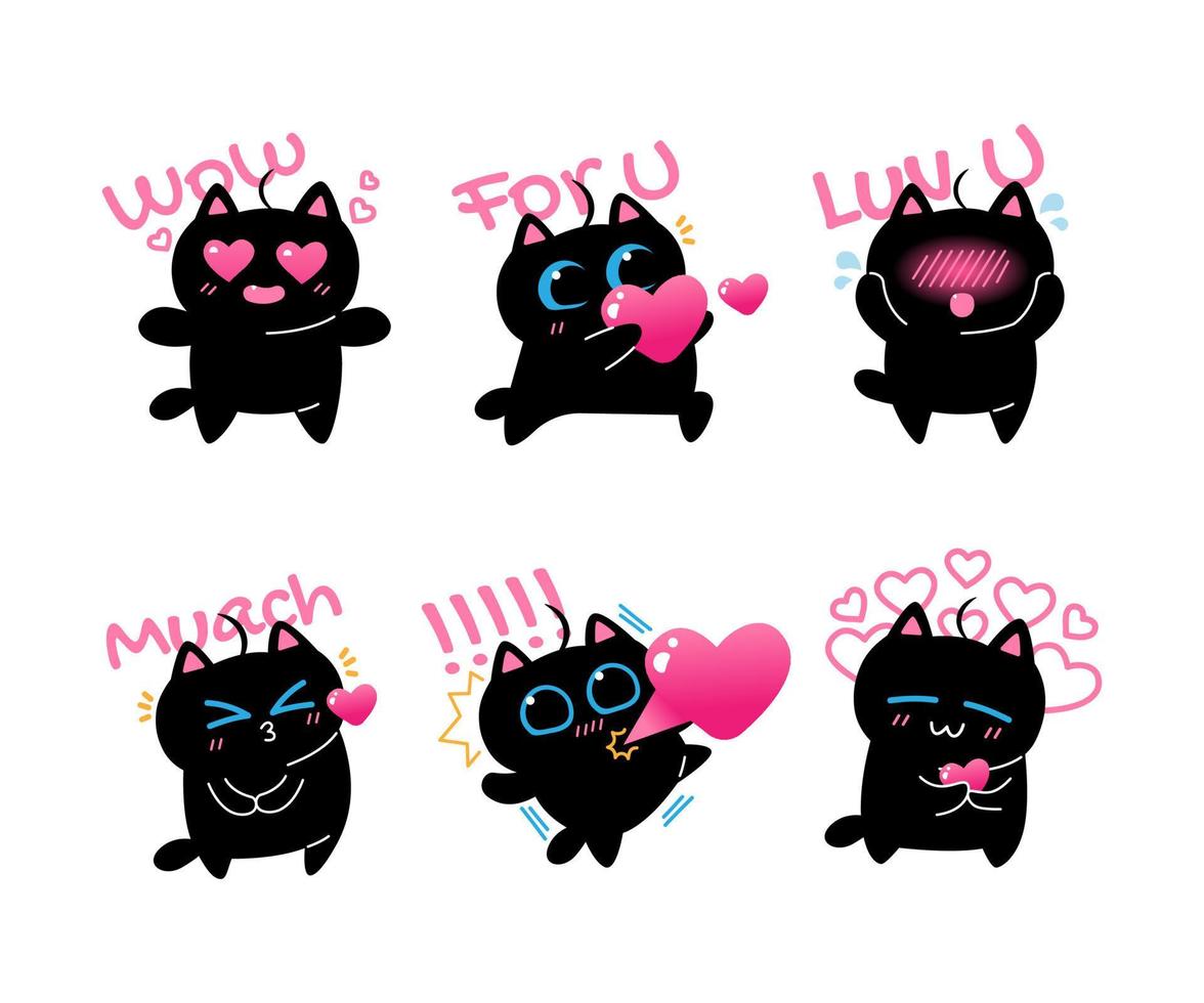 Kawaii Blue-Eyed Black Cat Affection Chat Stickers Pack vector