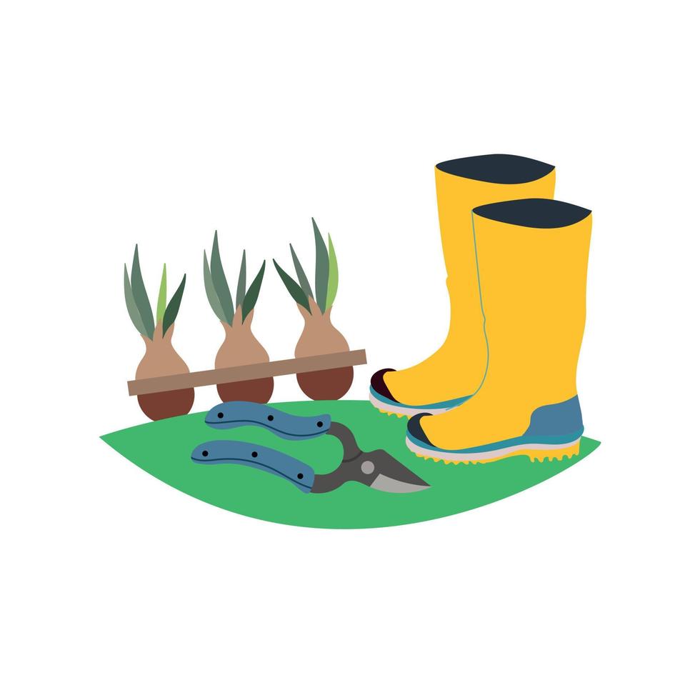 Spring composition with garden shoes, bulbous plants and secateurs. Agronomy infographic template design. Flat design vector illustration.