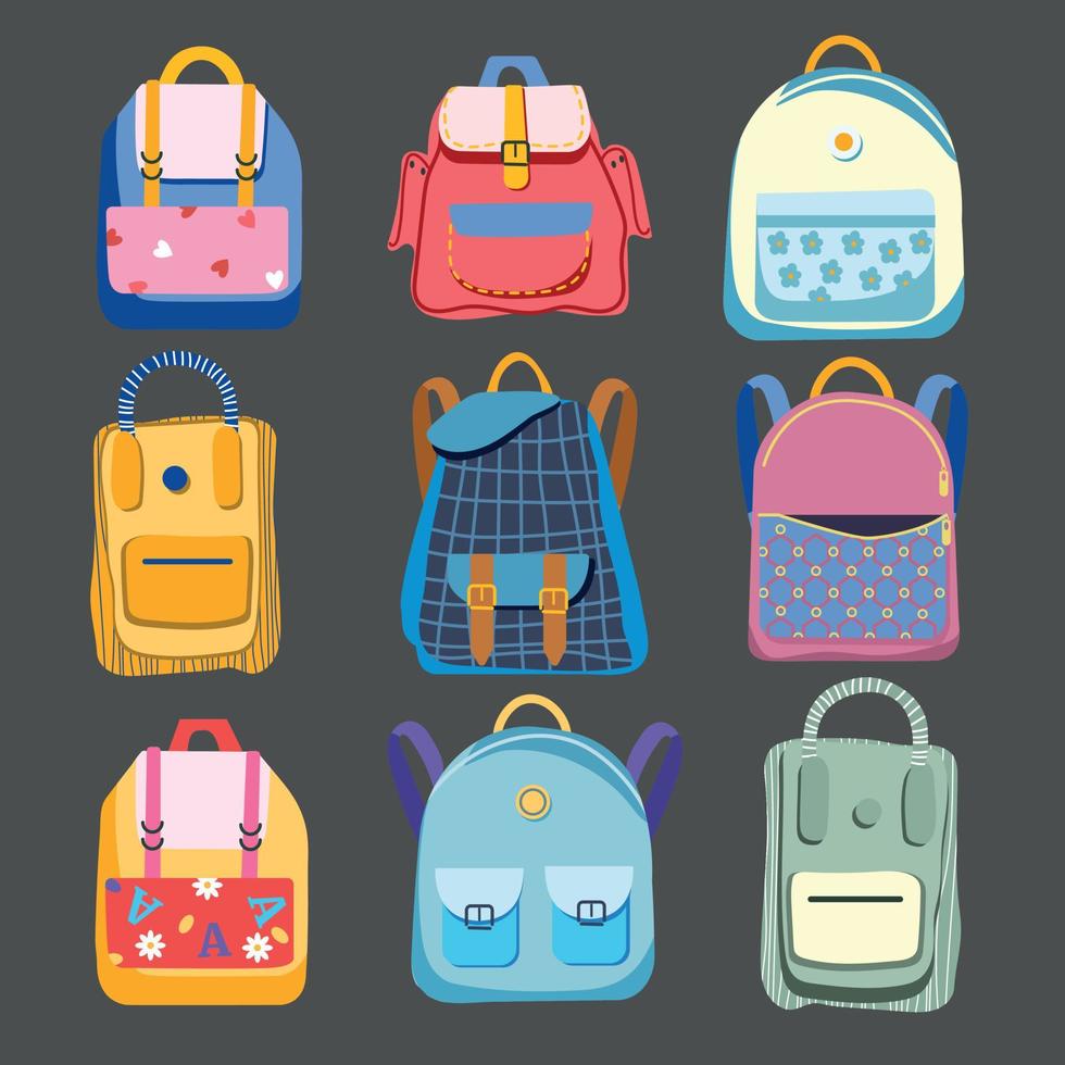 Cute hand-drawn backpacks. Variety of cartoony isolated backpacks on a brown background. Back to school and education concept. Children school bags. vector
