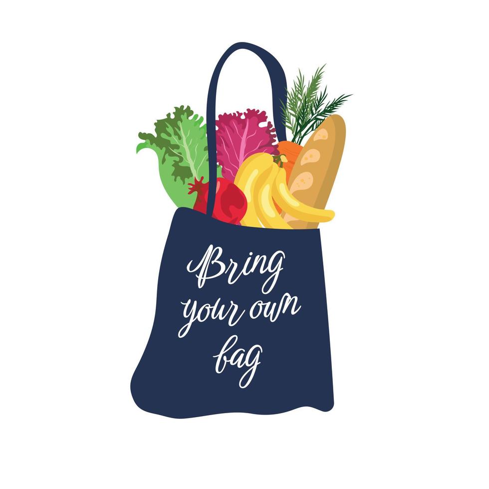 Products in eco canvas bag hand drawn illustration. Farmers market food in tote. Fresh fruits, vegetables buying. Ecology friendly shopping. Grocery store purchases in textile handbag with typography vector