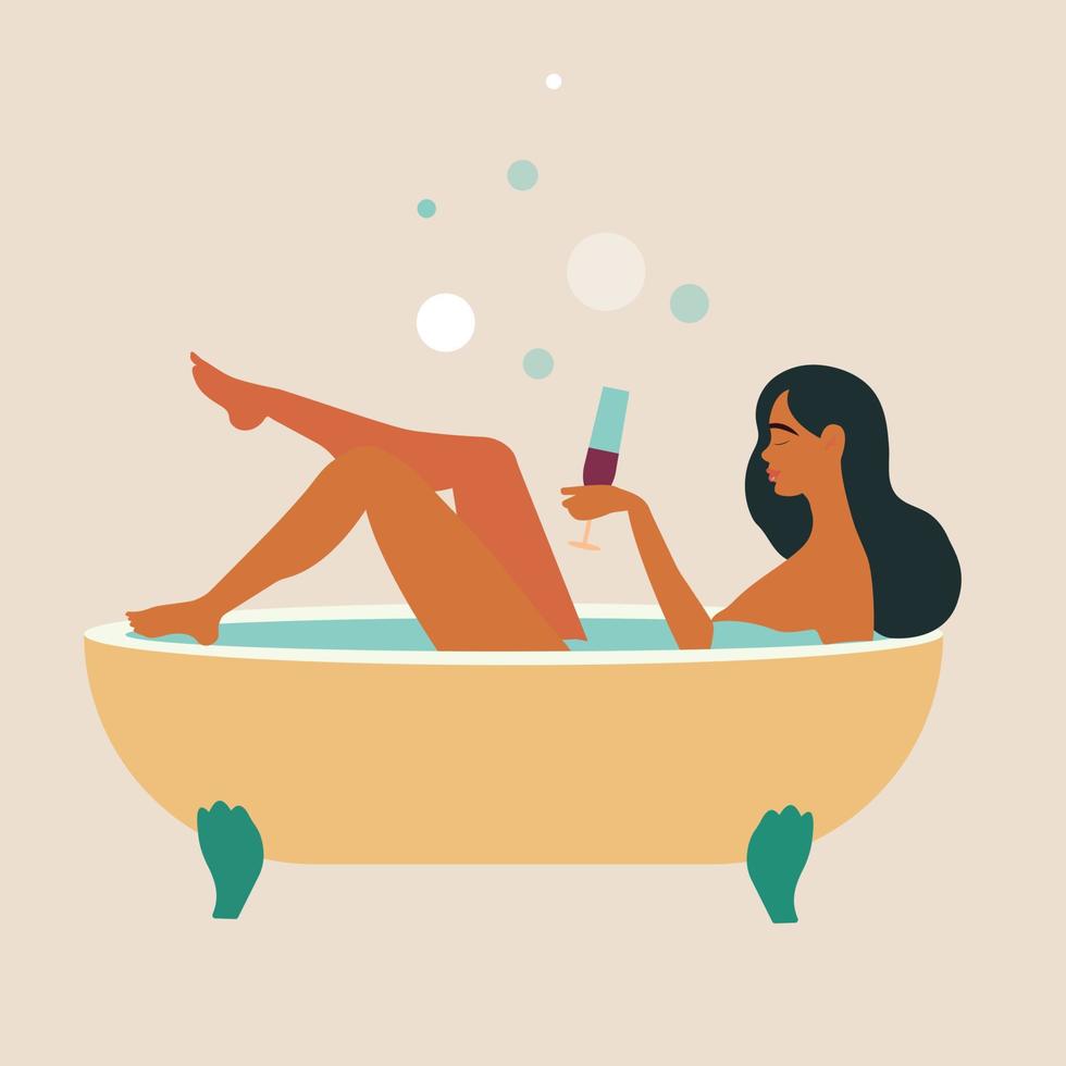 Skincare, pleasure, relaxation at home concept. Young pretty Woman cartoon character taking bath with bubble and drinking cocktail for hygiene and beauty feeling positive vector illustration