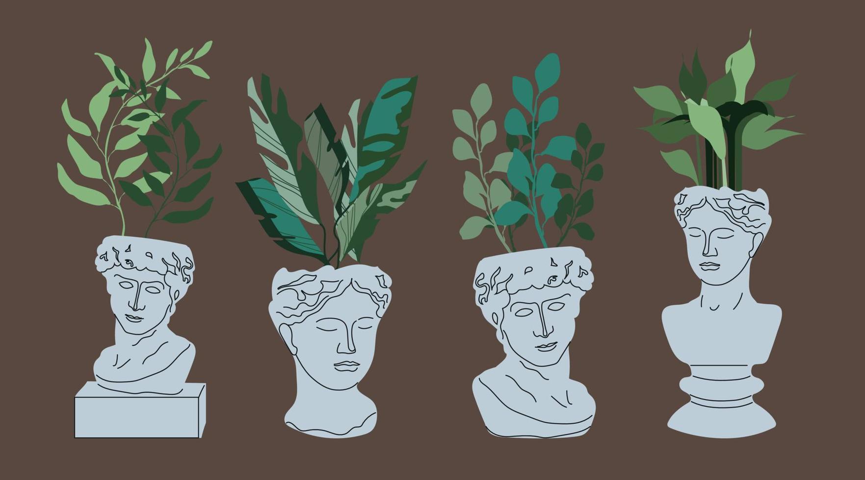 Trendy collection of home plants in statue heads flowerpots pack icons. Set of houseplants in pots modern illustrations. vector