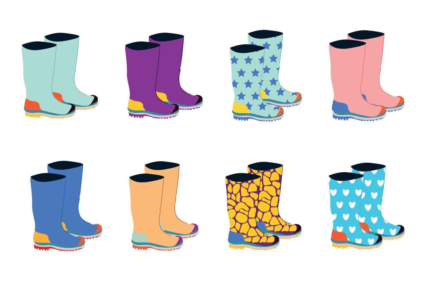 Set of rubber boots, different colors . Vector isolated on a white background.