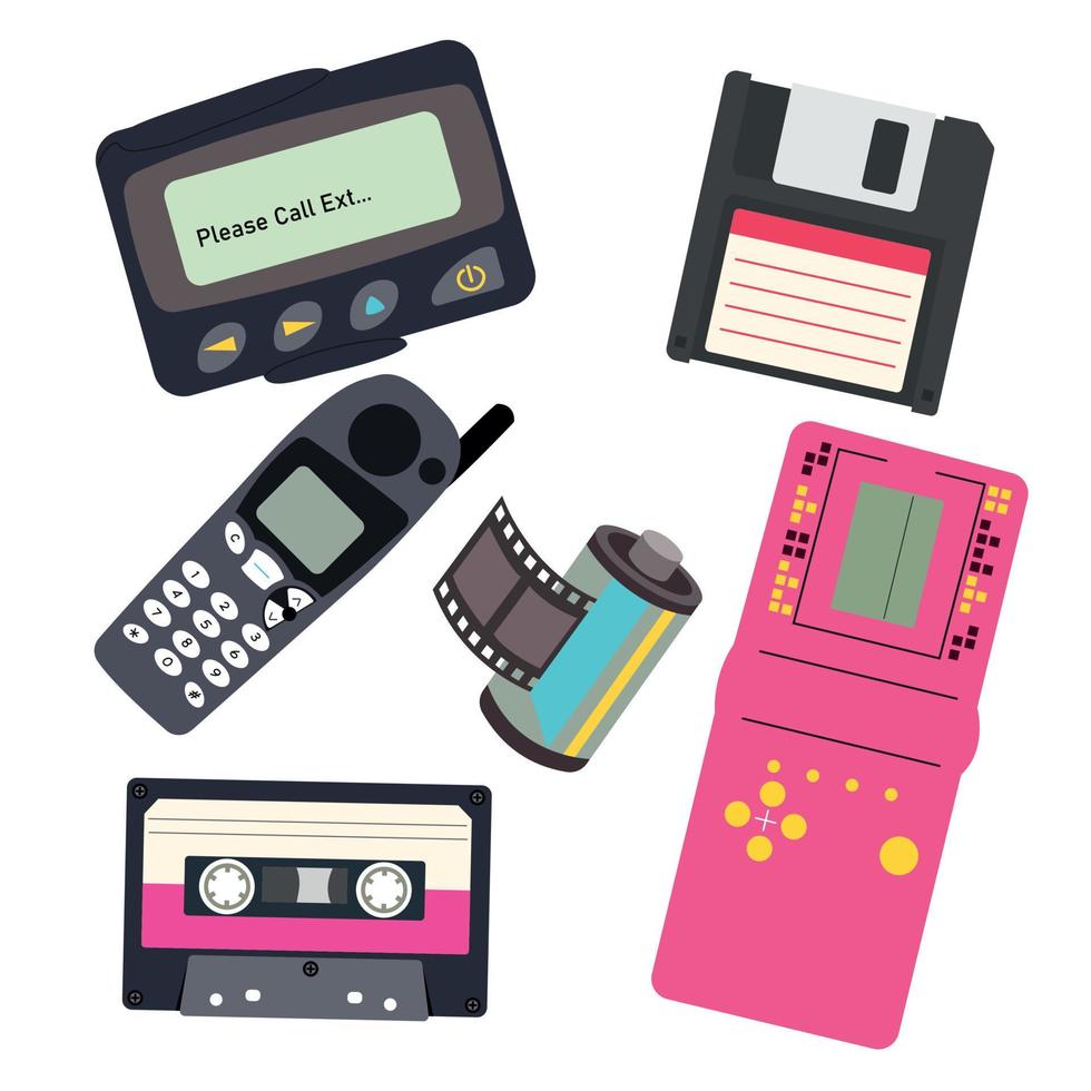 Set of vintage 90s technique on a white background. Audio cassette, pager, mobile phone, game Tetris, floppy disk, film. Vector illustration