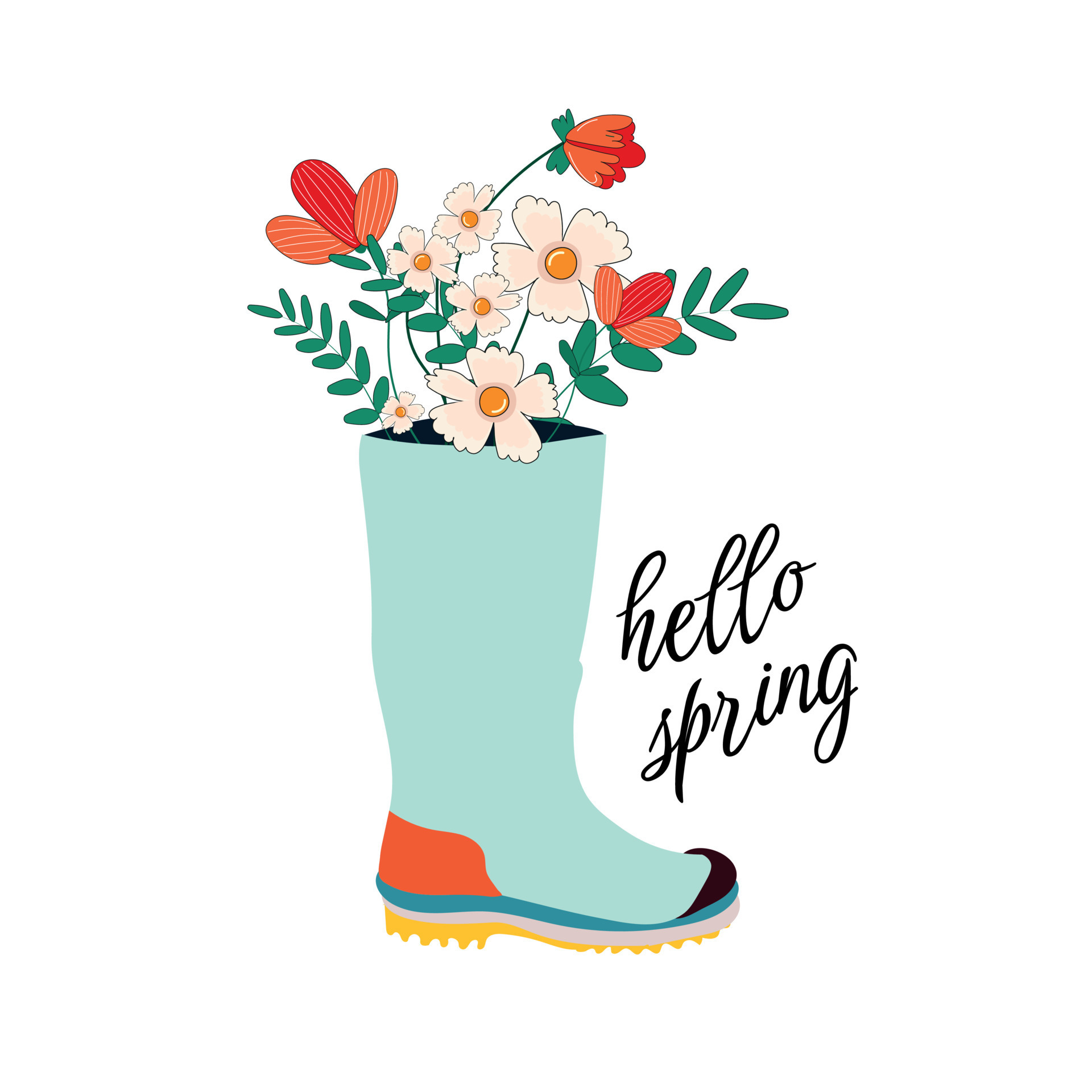 Hello spring. Cute rain boots with flowers plants. Hand drawn spring ...