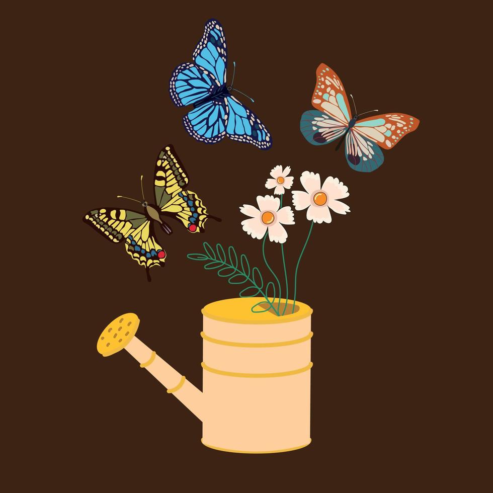linda jardín riego lata con flores y mariposas en un oscuro antecedentes. mano dibujado primavera imprimir, tarjeta postal, póster. vector