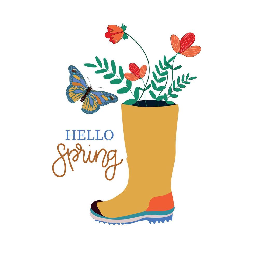 Hola primavera. linda caucho botas con flor plantas y mariposa. mano dibujado primavera imprimir, tarjeta postal, póster. escrito texto, letras vector