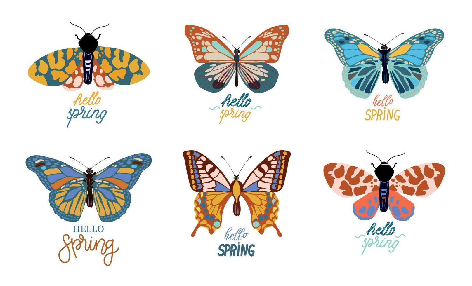 Hello spring.Vector illustration of an isolated set of spring lettering with bright decorative butterflies and moths.Insect illustration in bright colors. vector