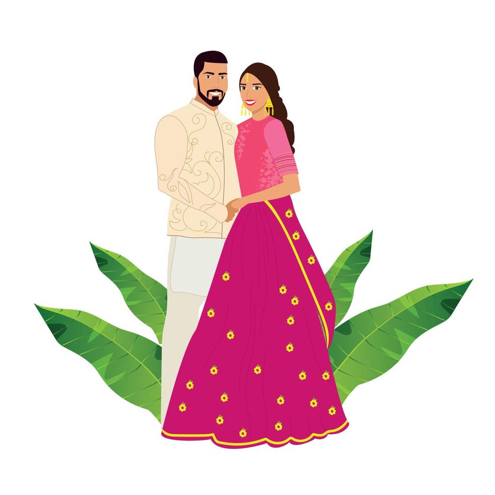 Indian Wedding Couple Together Standing on White Background. Vector design for wedding invitation, web design, prints.