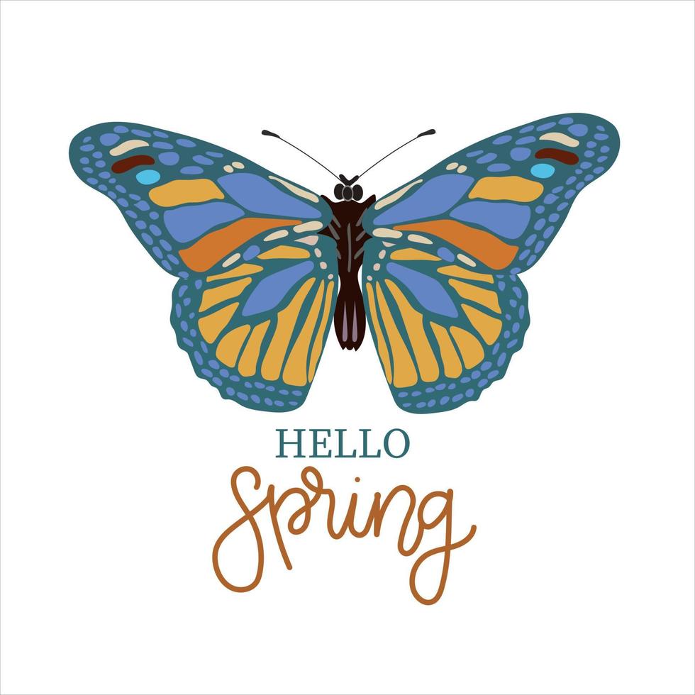 Hello Spring hand drawn flat vector illustration. Lettering spring season with butterfly for greeting card