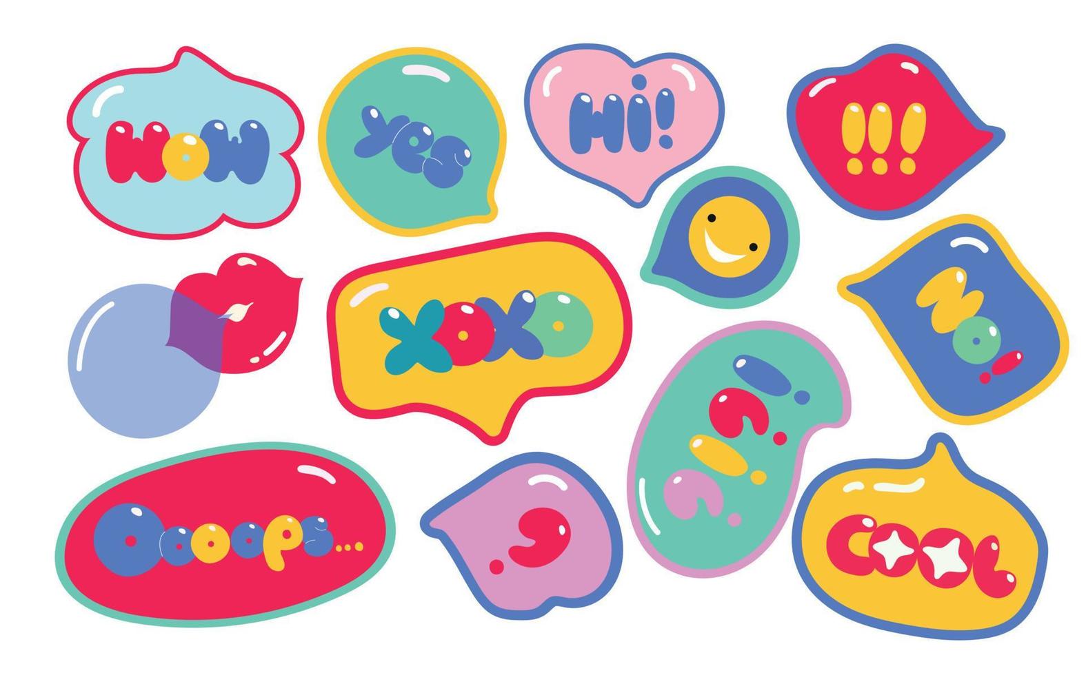 Speech bubbles with text. Colourful trendy letters in variety of shapes. Creative hand-drawn design set. All elements are isolated. vector