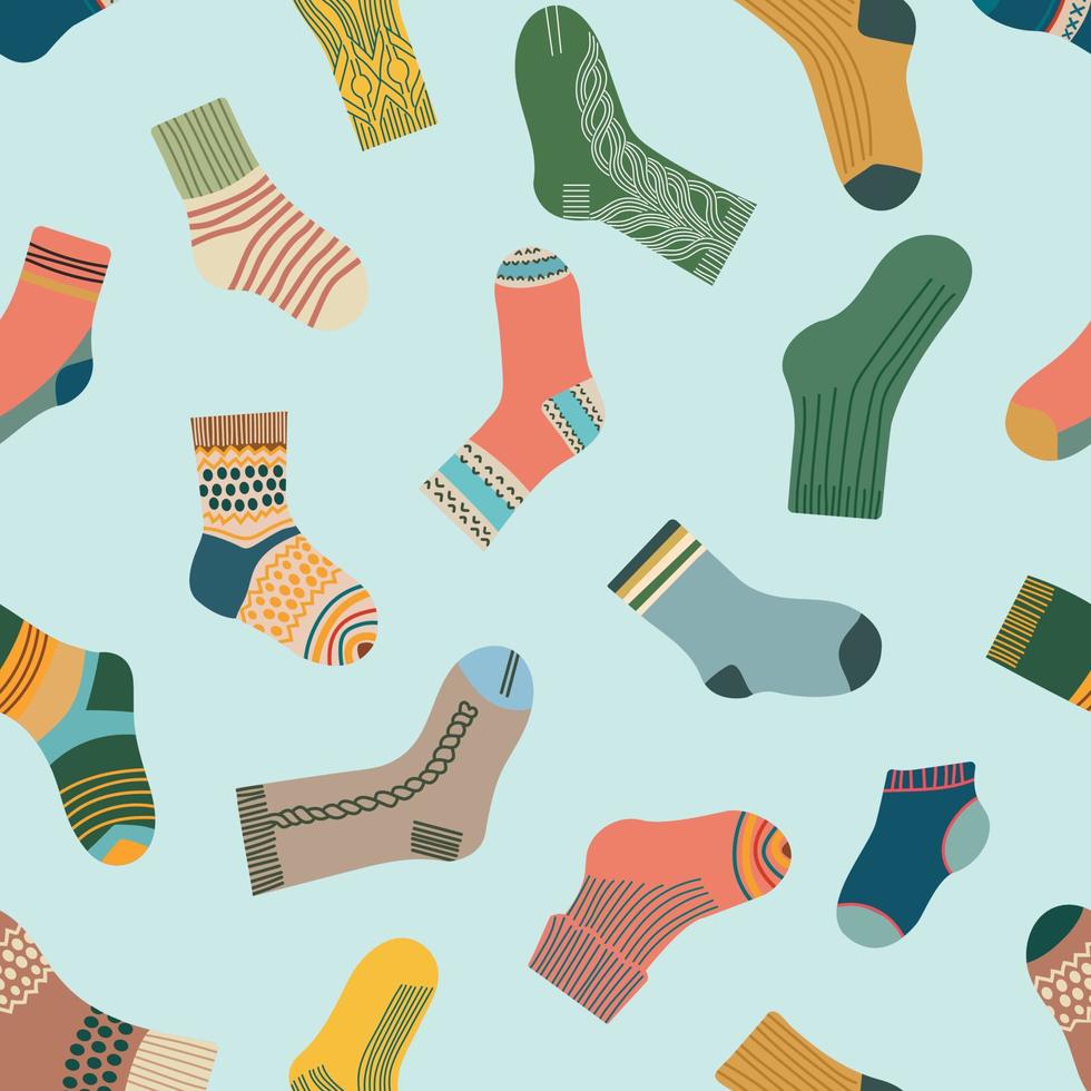 Trendy socks seamless pattern. Cozy hand-drawn cartoon style socks on a pastel green background. Variety of funny socks. Modern vector design for stationery, textile and web use. Trendy apparel.