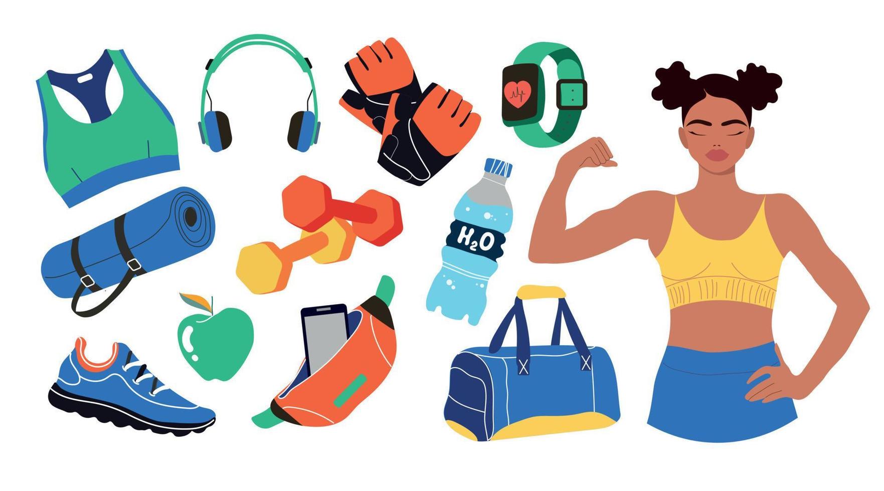 Sports young girl demonstrates muscles. Set of various sports equipment. Various isolated fitness equipment, gym accessories. The concept of a healthy lifestyle. Modern hand drawn vector illustrations