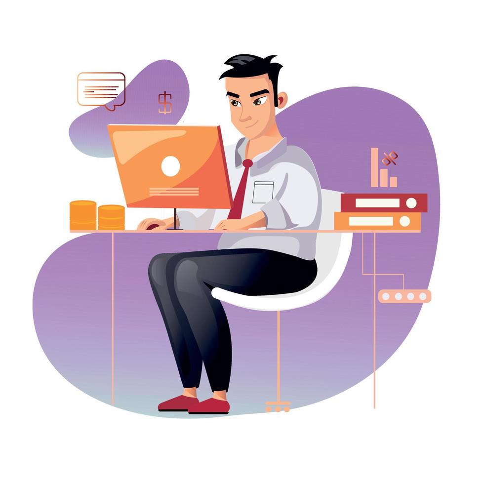 Office worker, clerk flat vector illustration. Company employee, economist isolated cartoon character on white background. Financial manager, accountant, auditor, financier working with laptop.