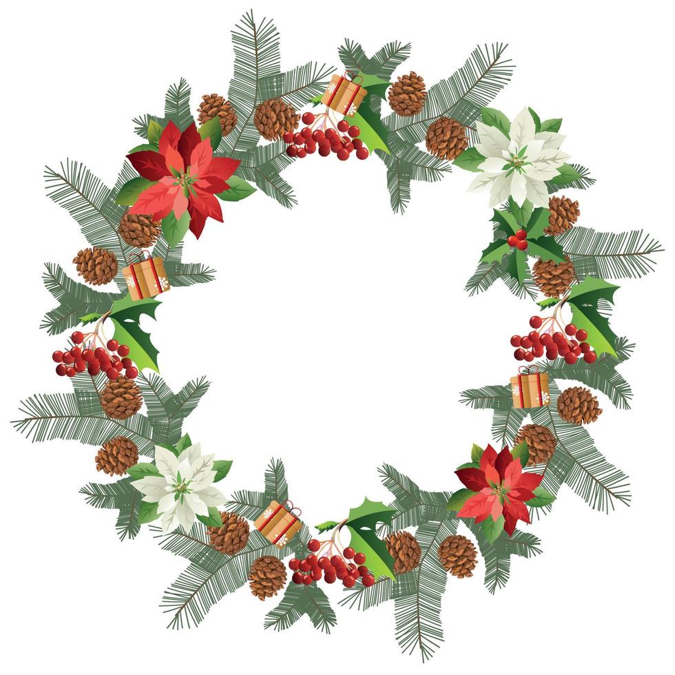 Winter wreath with text Merry Christmas, white background. Green pine, spruce twigs, cones, red berries, poinsettia flowers, Christmas decorations. Vector illustration. Natural design.