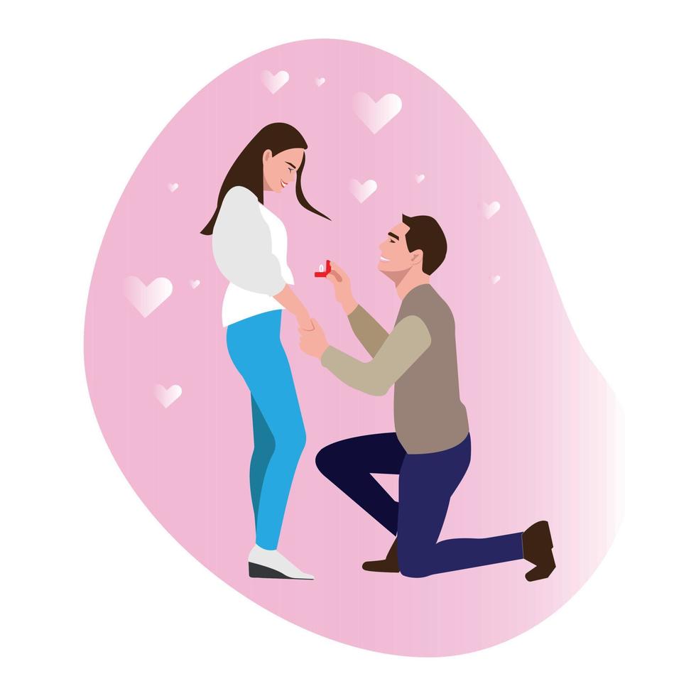 An offer of marriage. A kneeling man make a proposal of marriage to his darling be loved one. Flat illustration cartoon vector concept design isolated on white background