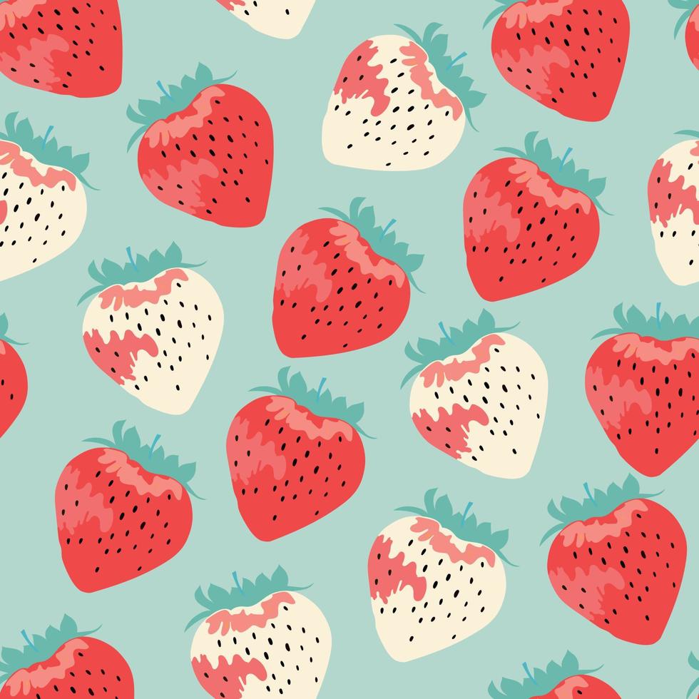 Seamless pattern of modern strawberries. Big white, red round strawberries on blue. Large bright berries. Berry pattern design for textile, web banner, cards. Fresh summer fruits. Red berries and fru vector