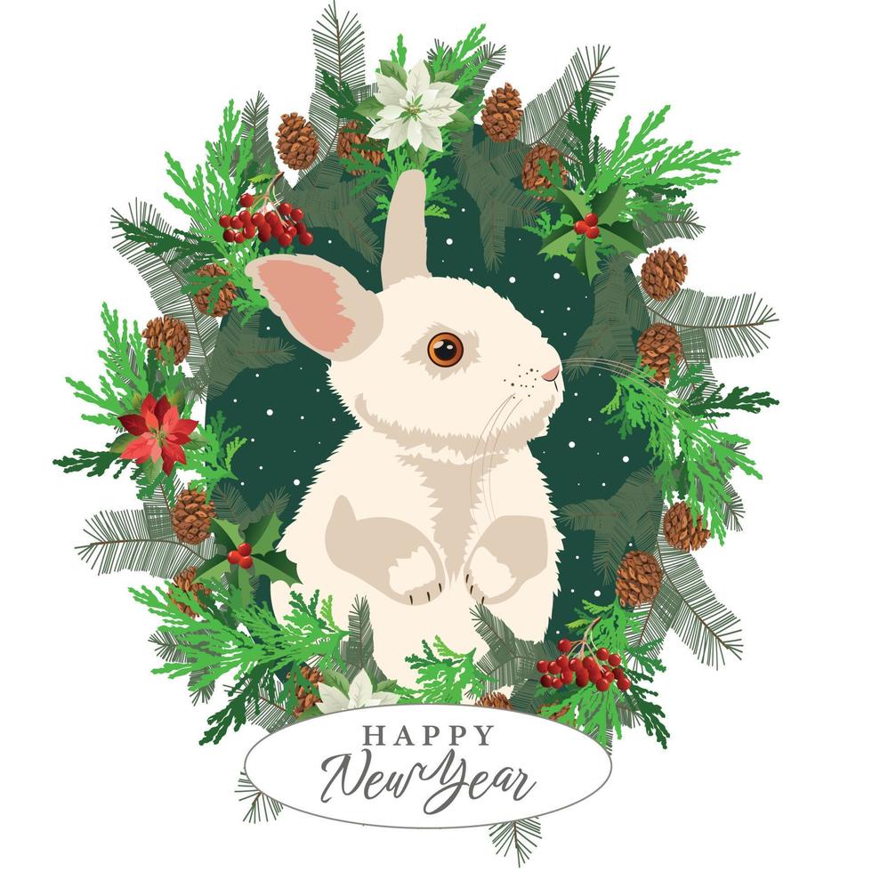 New Year rabbit symbol of 2023. Christmas rabbit in a fir wreath with cones and flowers. Card. vector