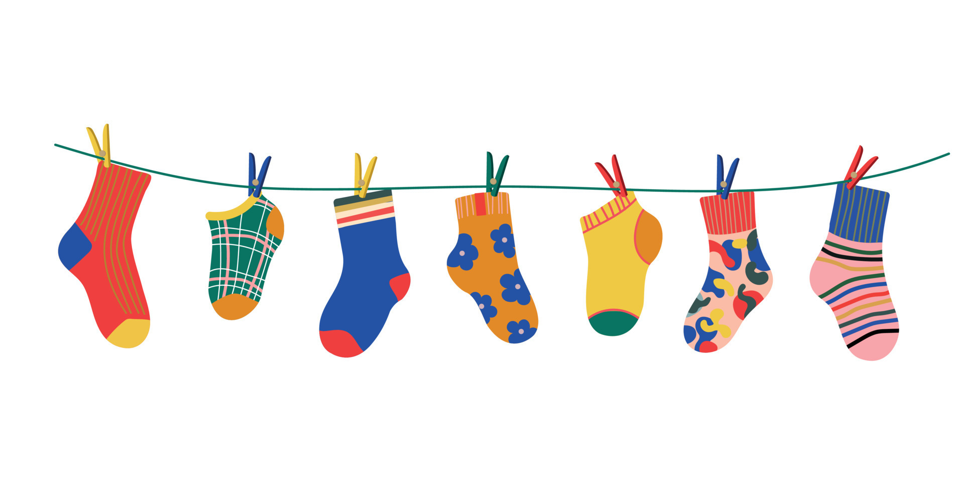 Socks on a rope with colored clothespins. Dry a cotton or wool sock and  hang it on a clothesline with clothespins. Baby socks with textures and  patterns vector cartoon. Illustration of woolen