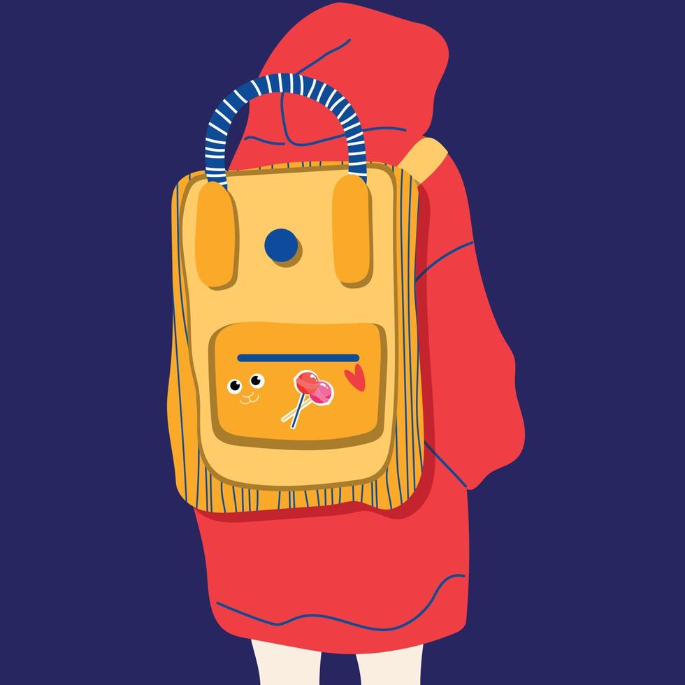 Girl in a red jacket with a yellow backpack.Back view. Back to school, college, education, learning concept. Hand drawn vector illustration