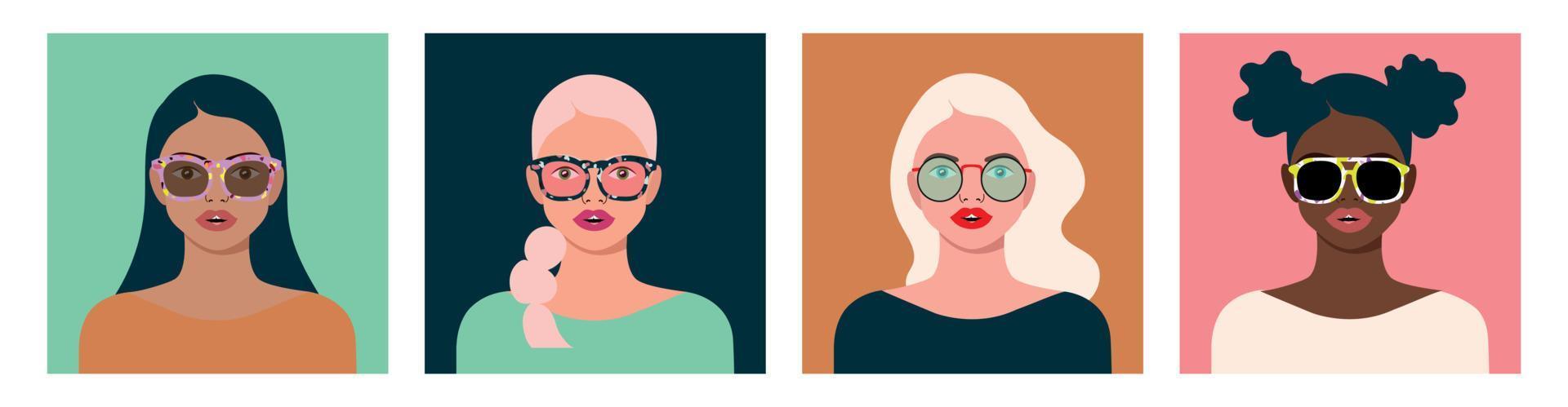 Set of beautiful Women in various sunglasses. Different clothes. Closeup square portraits of cute young ladies. Hand drawn modern Vector illustration. Every lady is isolated. Fashion, style concept