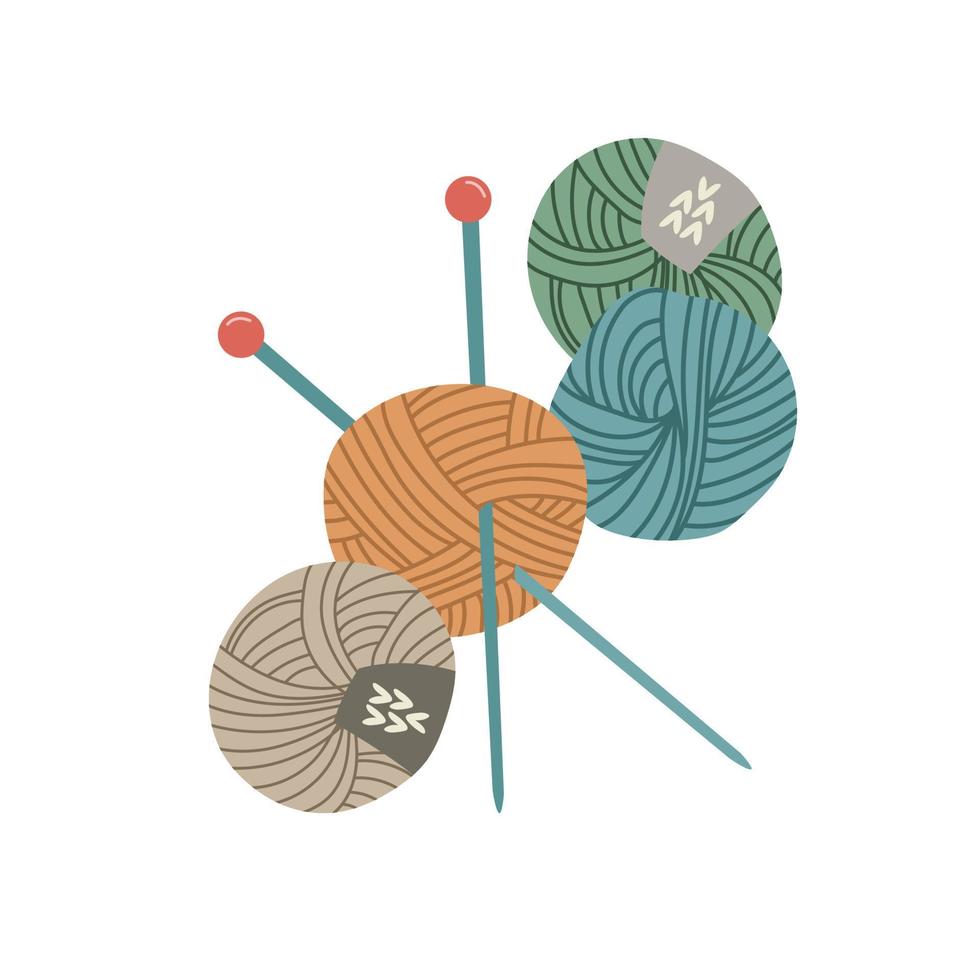 Balls of yarn with knitting needles isolated on white background. Clews, skeins of wool. Tools for knitwork, handicraft, crocheting, hand-knitting. Hobby. Vector illustration