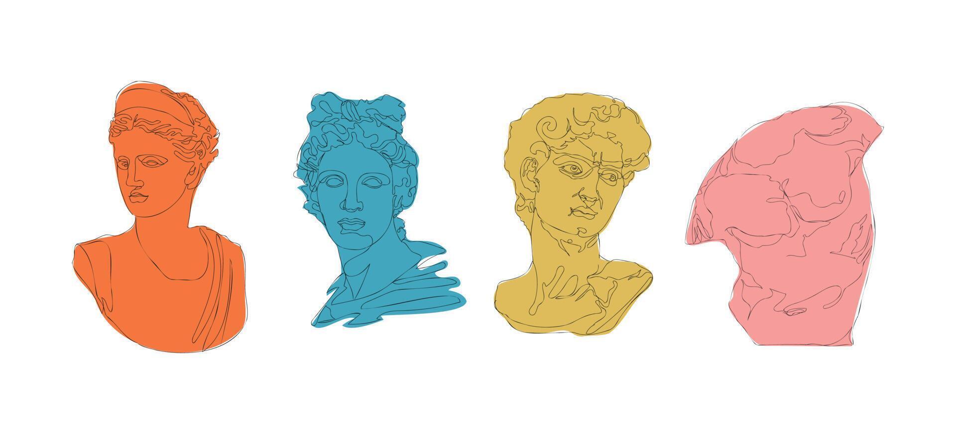 Ancient greek sculptures. Greece mythology statues hand drawn one continuous line, david goddess head torso. Vector art