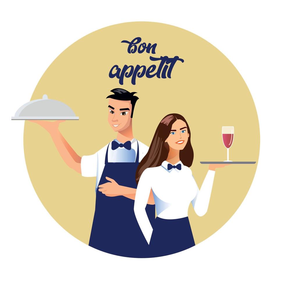 The male and the girl in the uniform of the waiter. Waitress with wine on a tray. Waiter with a tray in his hand. vector